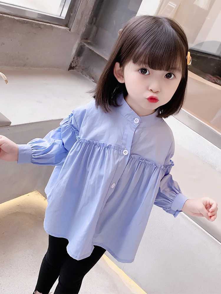 Girls aged 1-7 years old 100% pure cotton shirt spring and summer childrens fashion doll shirt blue childrens loose top daily casual outdoor shirtW240