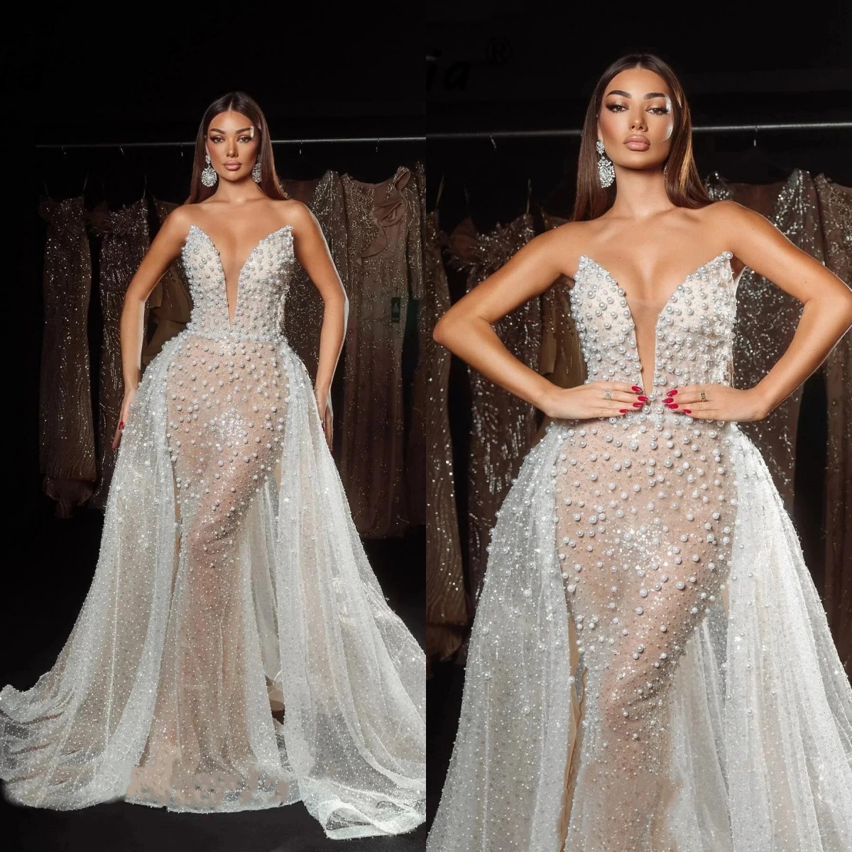 Exquisite Mermaid Evening Dresses V Neck Sleeveless Gown Pearls Beaded Sequins Detachable Train Prom Party Dress Custom Made