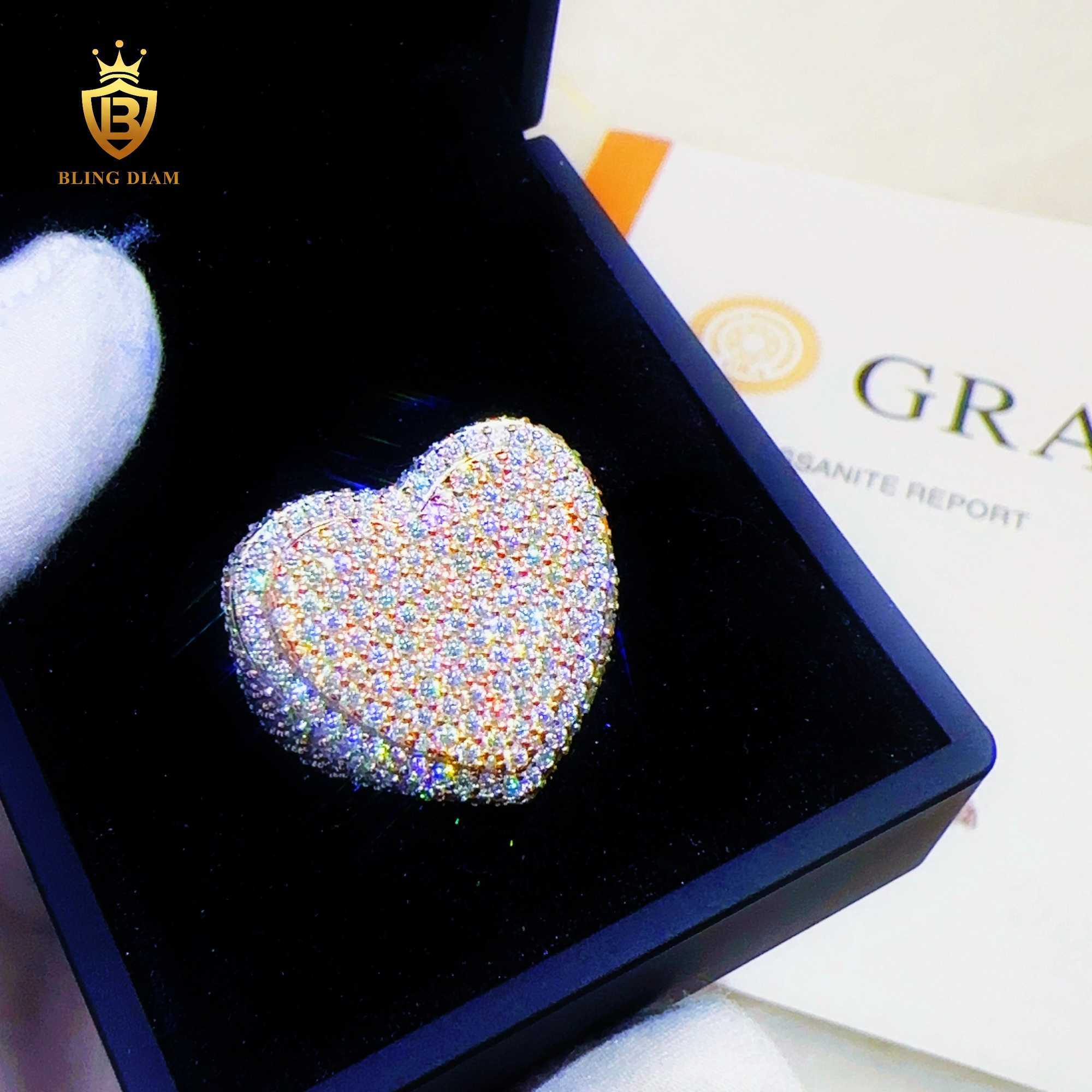 Fashion Custom hip hop Jewelry moissanite double heart design ring sterg sliver Two stones Ring pass tester