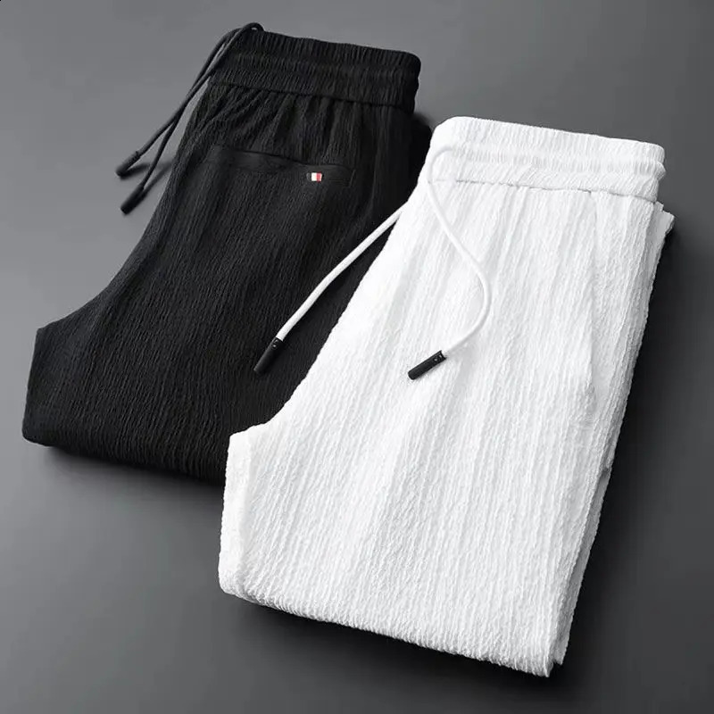 Spring Summer Fashion Suit Men Long Sleeve Casual Shirts And Pant Seersucker Striped Pleats Slim Handsome Two-piece Set 240816