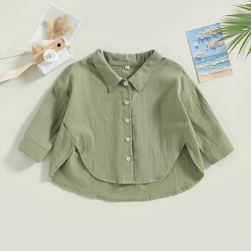 Cotton casual childrens shirt childrens baby girl boy summer top short sleeved lapel solid color button down shirtW240729
