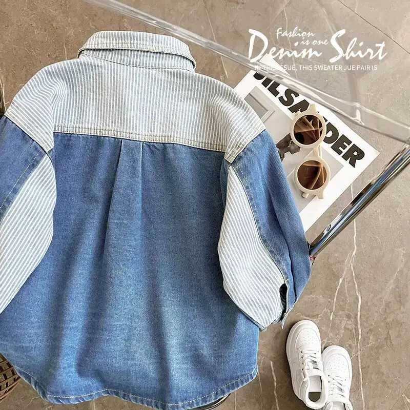 New boy striped shirt fashionable casual soft denim shirt childrens baby thin shirt jacket spring and autumn topsW240729