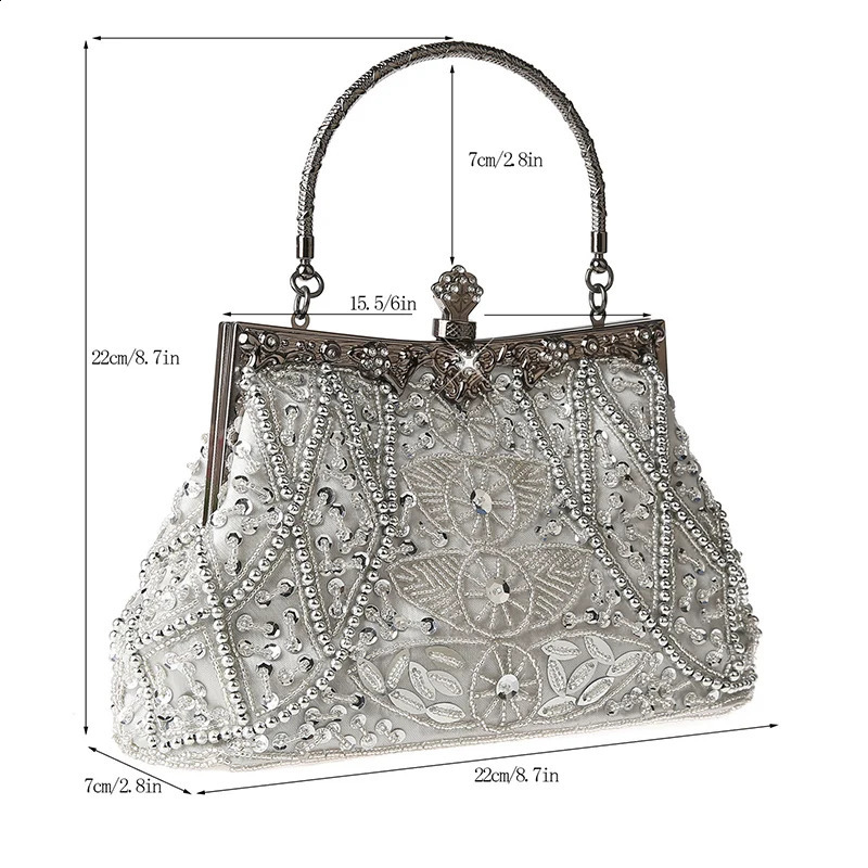 Vintage Beaded Sequin Pearl Clutch Handbag for Women Wedding Bridal Prom Party Purse with Top Handle Shoulder Messenger Bag 240729