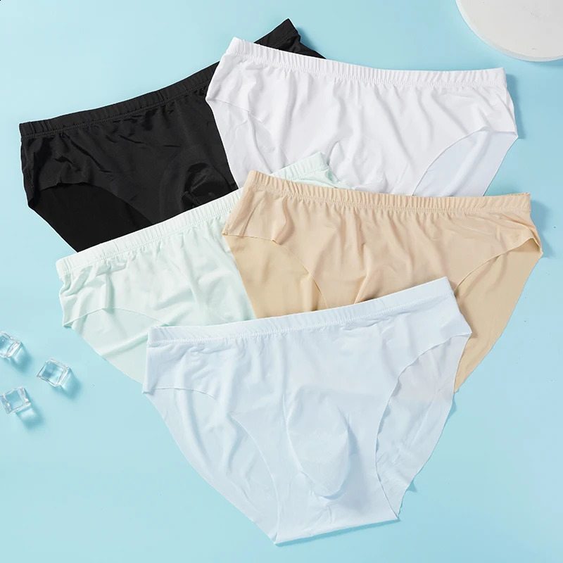 5 PairsLot Mens Ice Silk Briefs Summer Transparent Seamless Sexy Quick-drying Trendy Breathable Underwear Ultra-thin Panties 240729