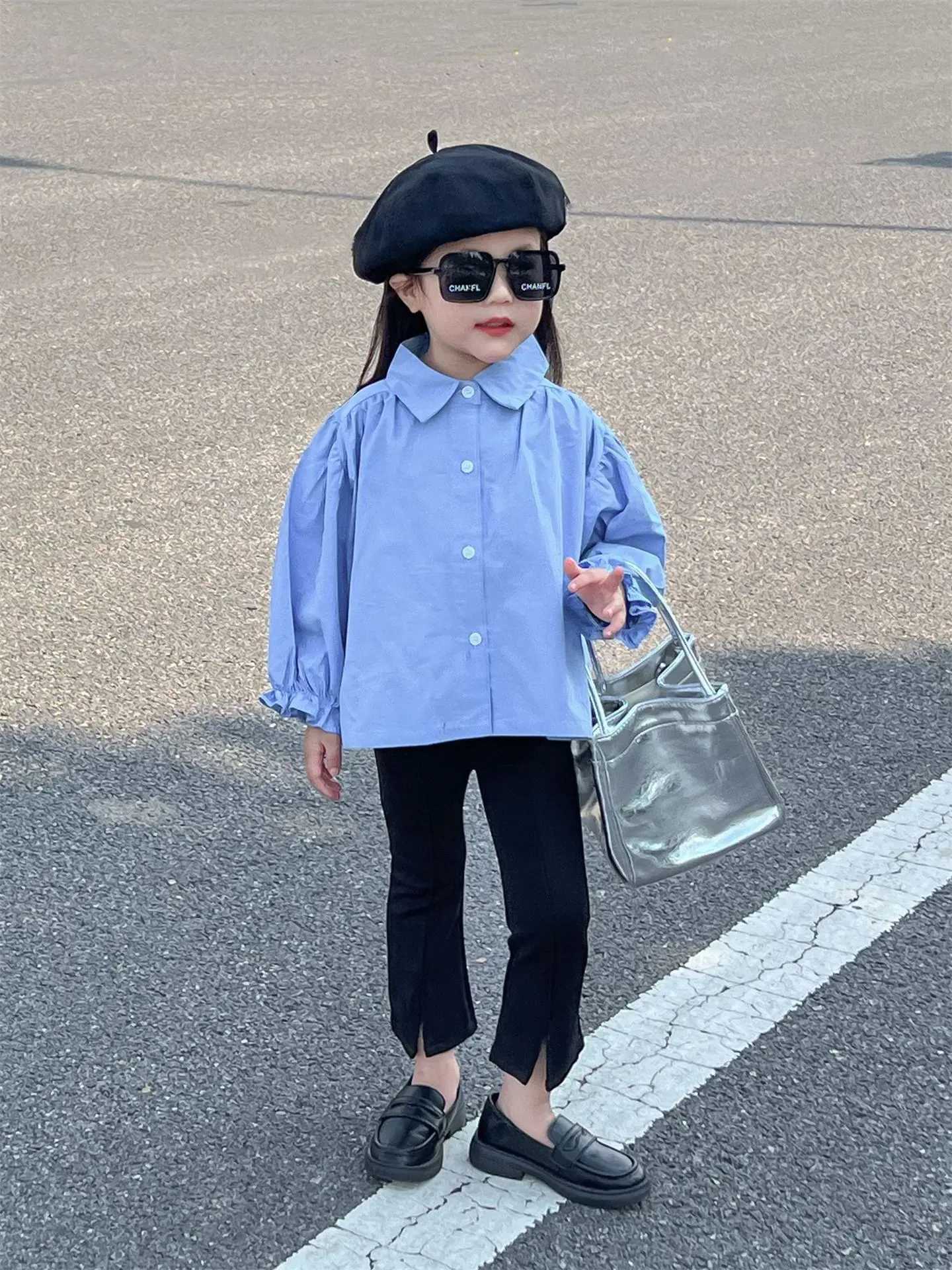 2024 Spring New Korean Childrens Clothing Womens Collar Bubble Sleeves Loose and Retro Blue Shirt Long Sleeve Doll ShirtW240729