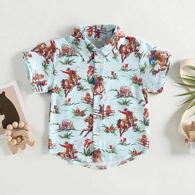 FOCUSNORM 0-4Y Preschool Boys Western Gentlemans Summer Short sleeved Cartoon Cow Printed Button Down JacketW240729
