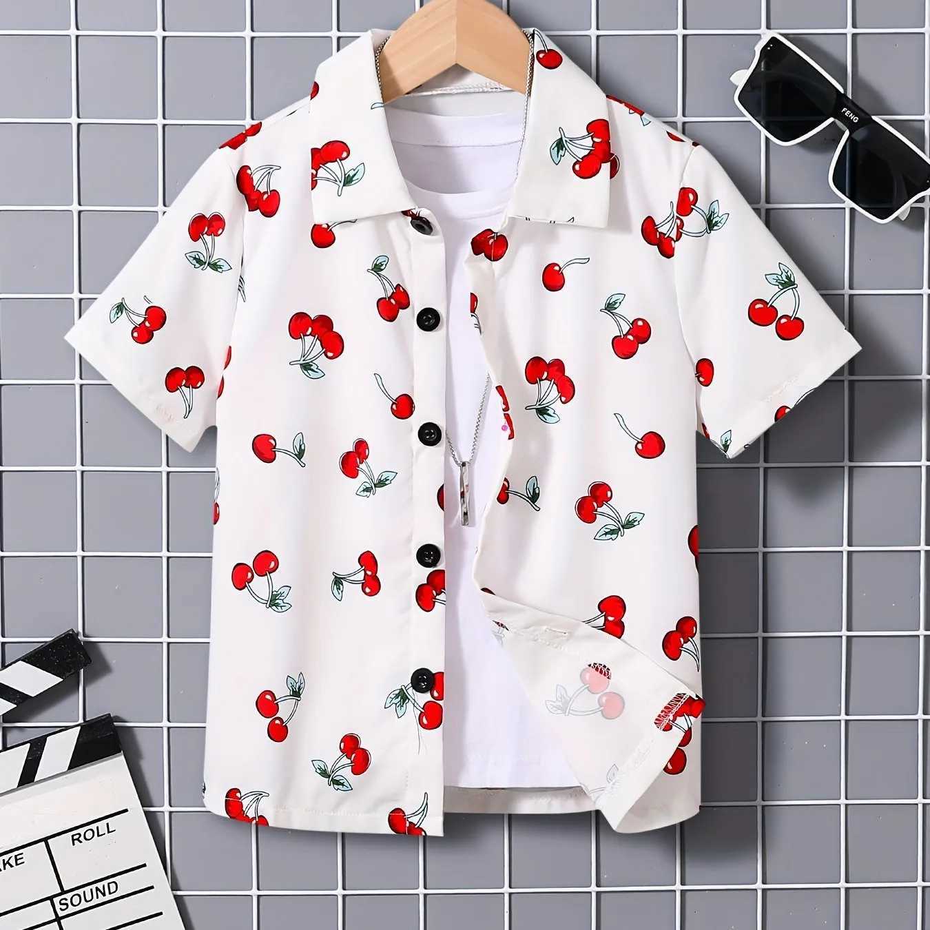 Fruit cherry and banana printed boys creative shirt casual short sleeved collar cool shirt top girls summer outdoor clothingW240729