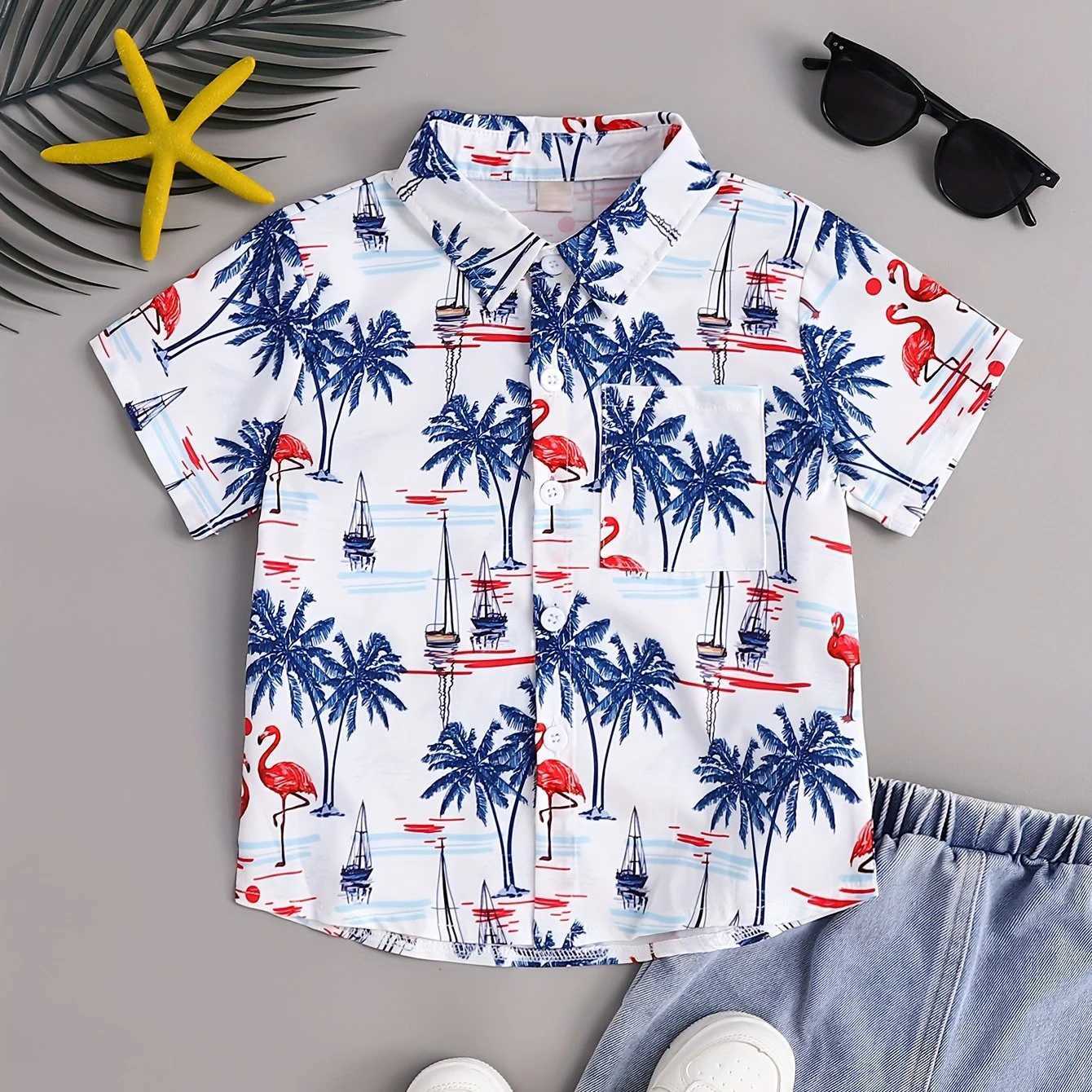 Boys casual short sleeved shirt printed summer fashion themed colorful pattern top childrens boys clothingW240729