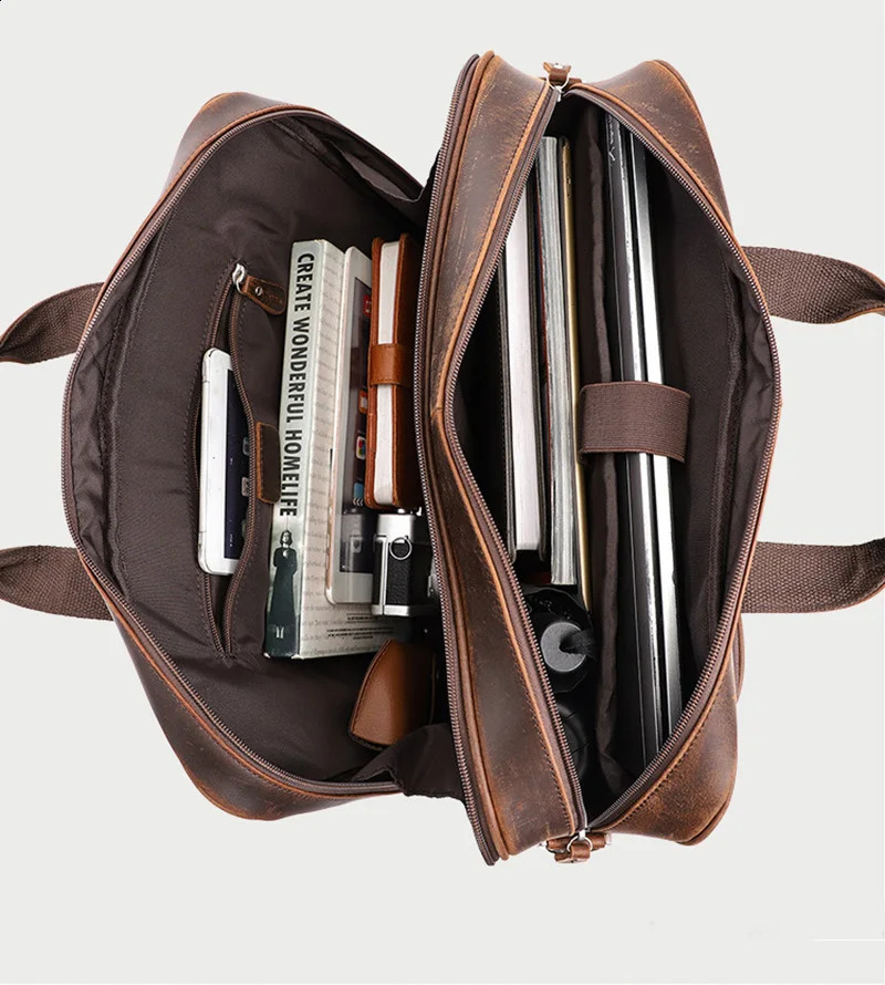 Genuine Leather Briefcase For Man Crazy Horse Leather 17 inch Laptop Business Handbag Cowhide Male Tote Big Shouler Bags 240806