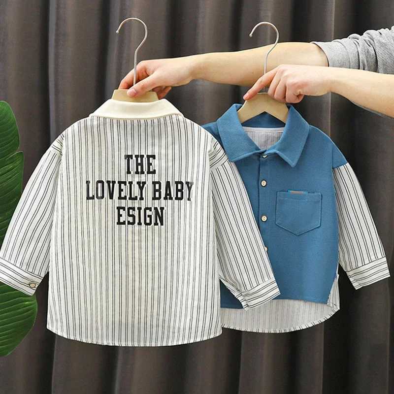 Boys and Childrens Long sleeved Shirt 2024 Spring/Summer New Childrens Jacket Fashion Simple Solid Color Striped Baby ShirtW240729