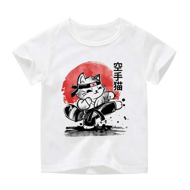 T-shirts Karate Cat Boys Popular Cartoon T Shirt Animal T-shirt Cute Girl Top Short-sleeved T-shirt Childrens ClothesL24729