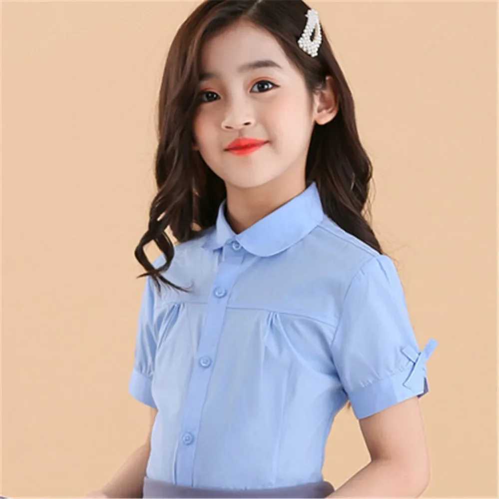 Girls white short sleeved shirt cotton baby school girls shirt children 6 8 10 12 years old teenagersW240729