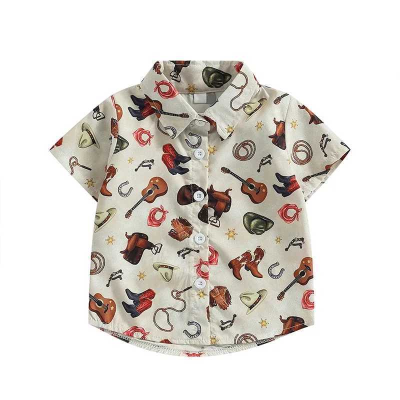 Childrens boys shirt Western style denim head print lapel fashion short sleeved summer casual fashion topW240729