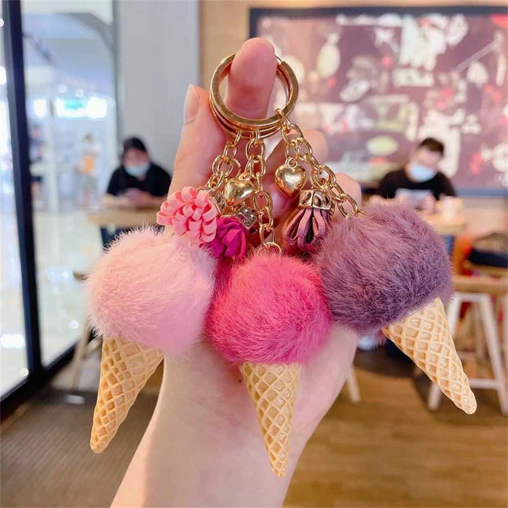 1pc Fashion Cute Mini Ice Cream Key Ring With Tassel Student Fluffy Pom Velvet Plush Keychain For Girls Bag Decoration GiftL240729