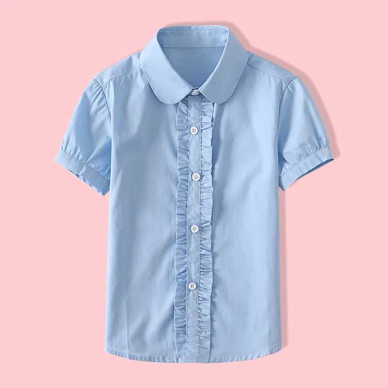 Summer Shirts for Teenage Girls Cotton Short Sleeve White Blouses Pupil School Uniform Girls Puff Sleeve Blue Tops 4 8 12 16W240729