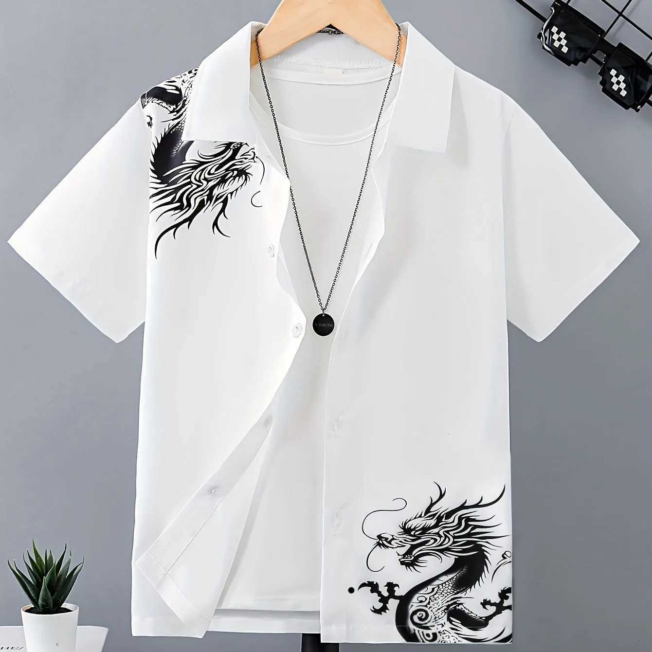 Fashionable coconut tree print boys creative collar shirt comfortable casual short sleeved shirt top boys summer clothingW240729