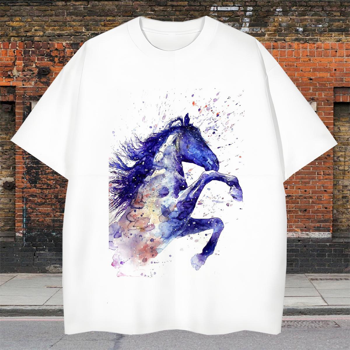 High Quality Mens Tshirts 230g Cotton Casual horse Black White Breathable Short Sleeve Fashion Casual T Shirts Men Tee Shirt