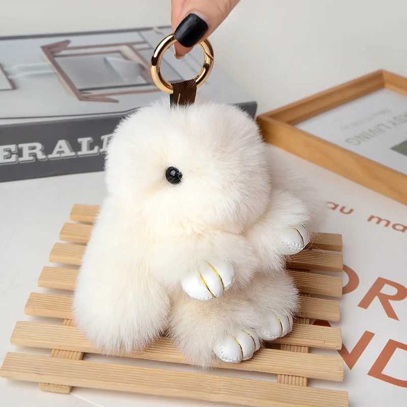 2023 Multicolor Rabbit Keychain Ring Fluffy Real Fur Pompon Bunny Trinket Key Chain Charm Cute Ring On Bag Car Key PendantL240729