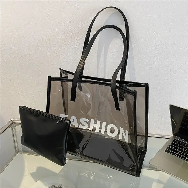Transparent Black Letter FASHION Square Large Capacity Womens Tote Bag Commuting One Shoulder Handheld Jelly 240729