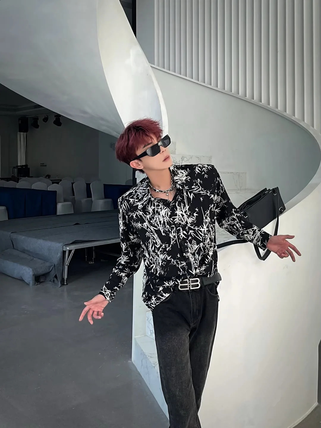Mens Chinese Style Shirts Abstraction Cool Long Sleeved Summer Trendy Handsome Loose Fitting Ice Silk Flower Tops 240816