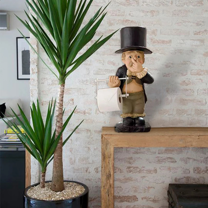 Stinky Butler Holding Nose Resin Sculptures with Roll Paper Holder Stand Primitive Figurine Home Table Bathroom Decorations 240719