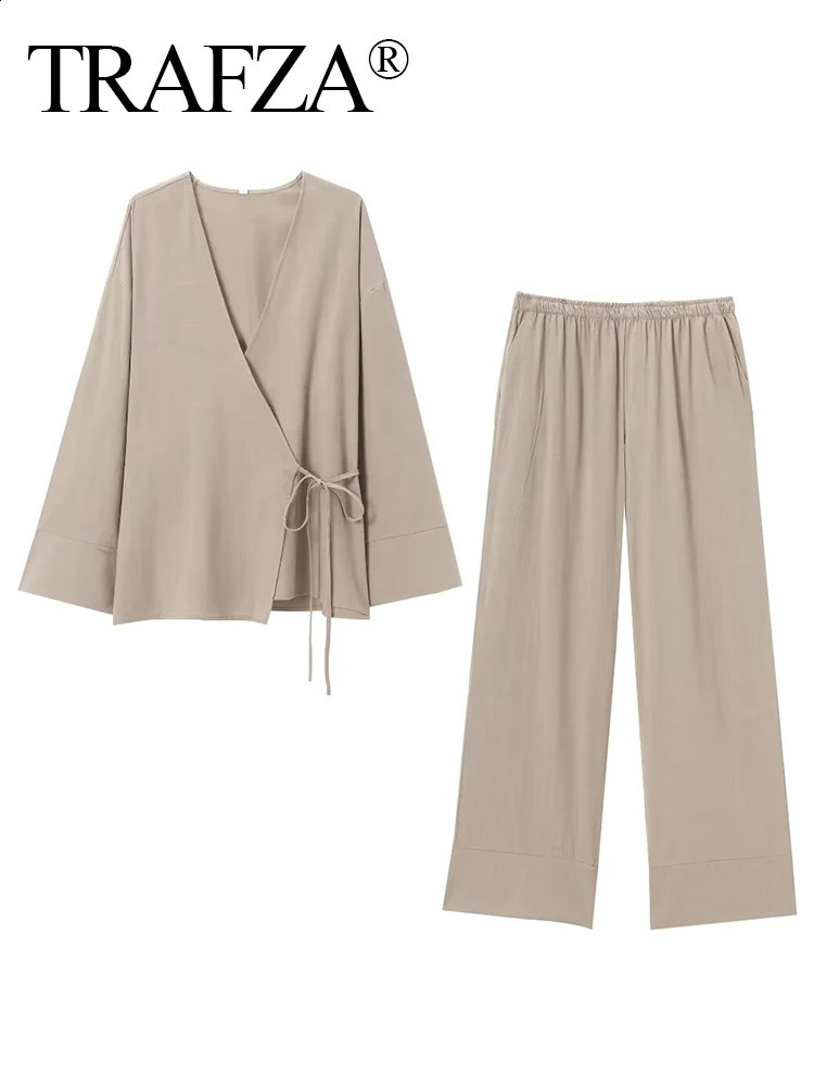 TRAFZA Women Solid Lace Up Textured Shirt Pants Set Long Sleeve Vneck ShirtsLoose High Waist Wide Leg Trousers Outfit traf 240801
