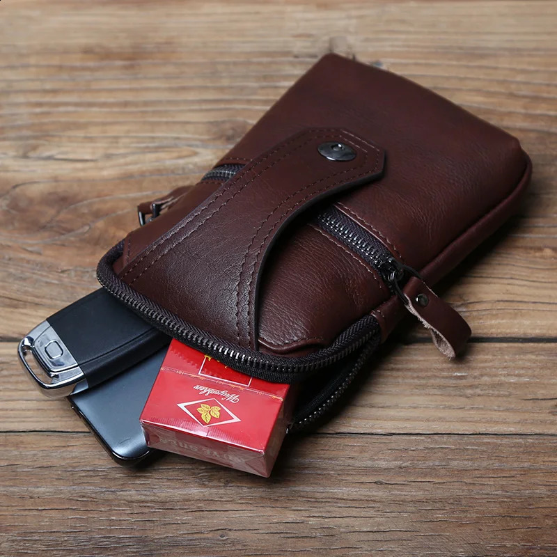 NZPJ Leather Mens Waist Bag Top Layer Cowhide Casual Mobile Phone Bag Wear Belt Vertical Shoulder Messenger Mobile Phone Bag 240729