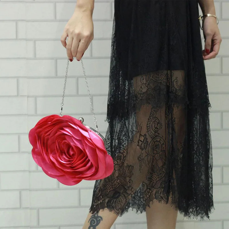 Women Rose Flower Evening Bag Ladies Floral Pink Handbag Bridal Wedding Party Purse Fashion Beatiful Small Day Clutch Chain 240729