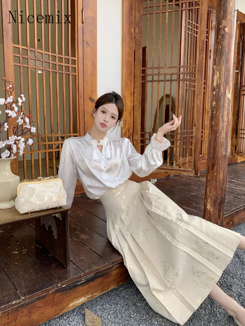 Chinese Style Heavy Industry Jacquard Gold Silk Horse Face Skirts Suit Elegant Slim White Shirts Two Piece Set Women Outfits 240729