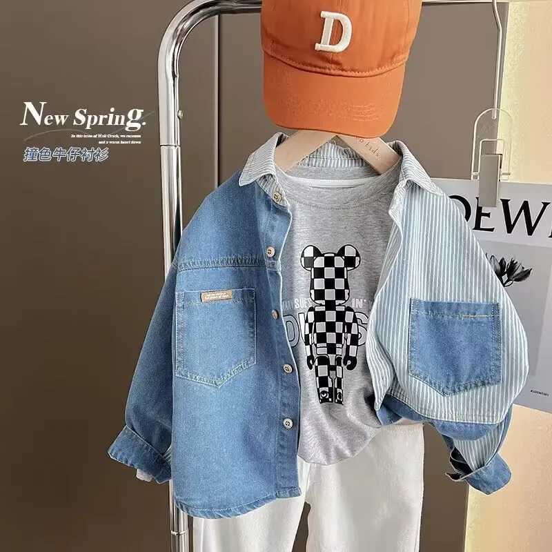 New boy striped shirt fashionable casual soft denim shirt childrens baby thin shirt jacket spring and autumn topsW240729