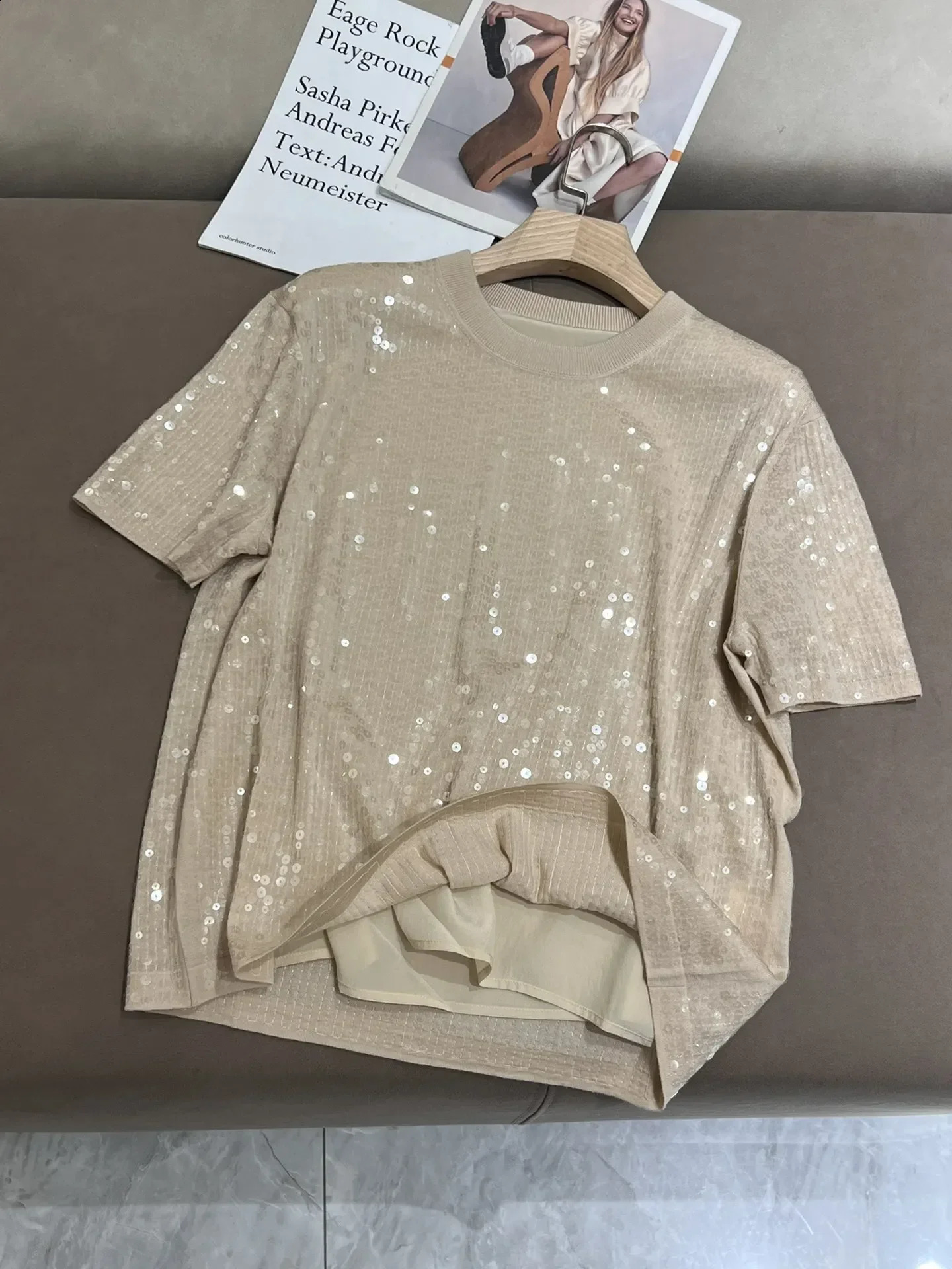 Spring Summer Heavy duty bead round neck loose short sleeve Tshirt top elastic waist Aline skirt woman twopiece set 240729