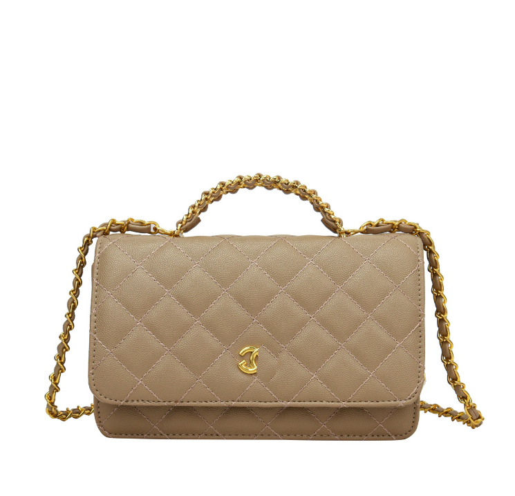 2024 New Small Fragrant Style Fortune Bag Ling Grid Chain Bag Simple and Versatile Diagonal Cross Style Women's Bag Daily Matching Khaki