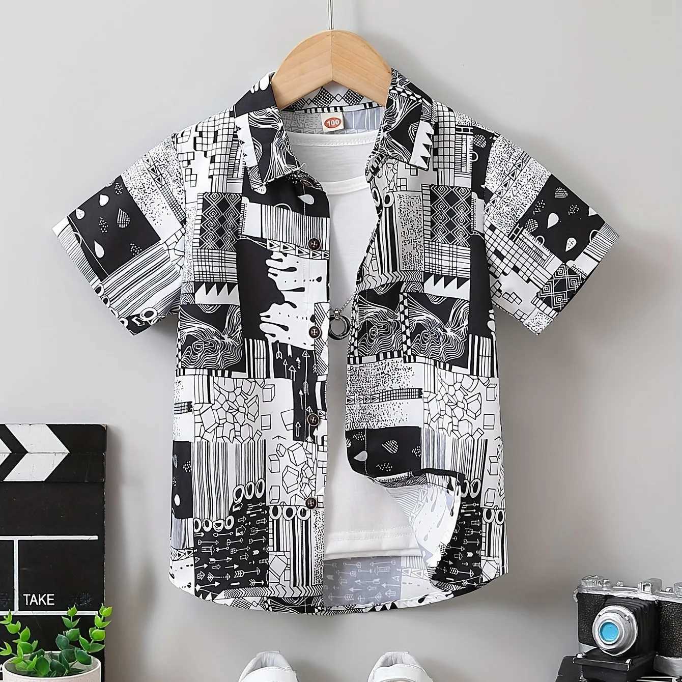 Boy Cute Cartoon Animal Pattern Button Collar Shirt Childrens Short Sleeve Casual Summer Top Daily Clothing VacationW240729