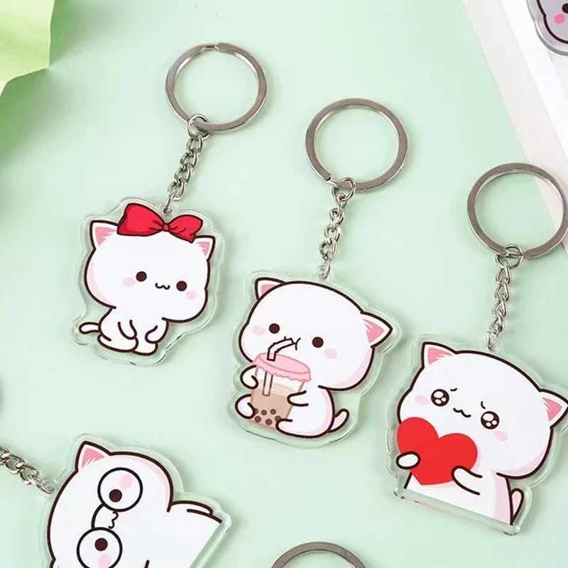 Mitao Cat Anime Keychain Net Red Cute Couple Peach Schoolbag Ornaments Surrounding Stand Pendant Charm Keyring GiftL240729