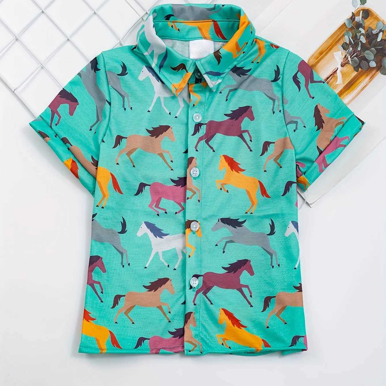 Cartoon pattern printing boys creative floral shirt casual short sleeved lapel shirt boys clothing childrens summer outdoorW240729