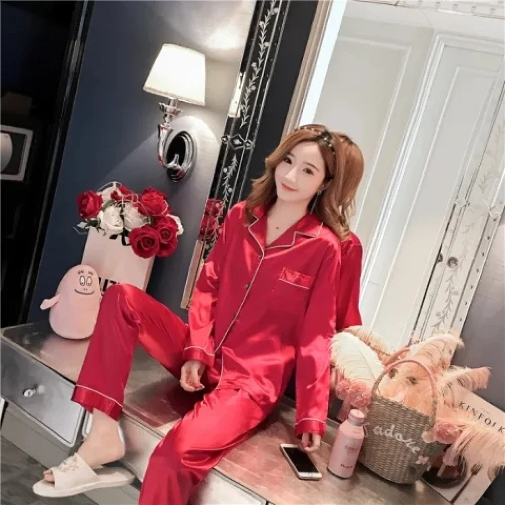 M-5XL Solid Women Pajamas Elegant Classic Fashion Casual Female Sleepwear Spring Fall Long Sleeve Pants House Clothes 240729
