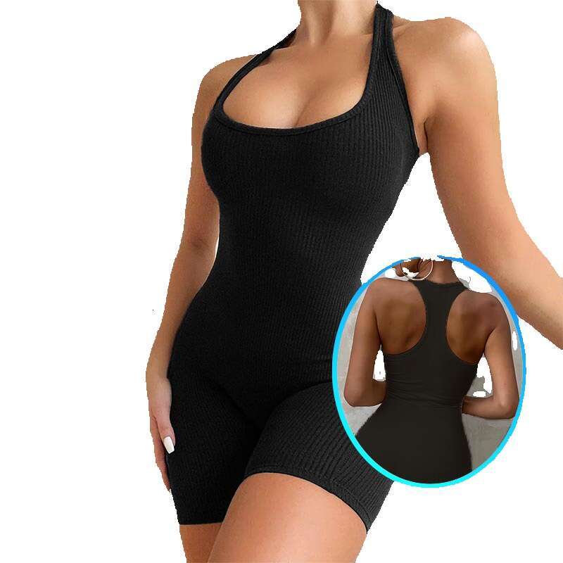 Fashionable Summer Womens Work Back U-neck Sexy Solid Color Tight Fitting Hip Hugging Sports Jumpsuit Yoga Pants Short Yoga Clothes