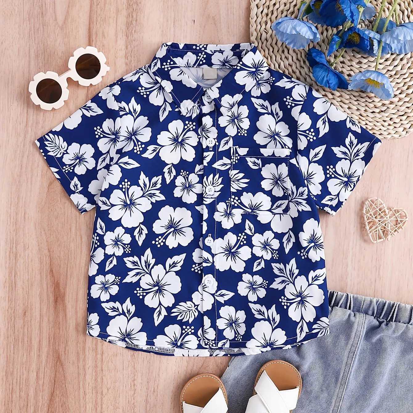Boy cartoon animal flower pattern cute short sleeved casual comfortable button loose breathable summer holiday collar shirtW240729