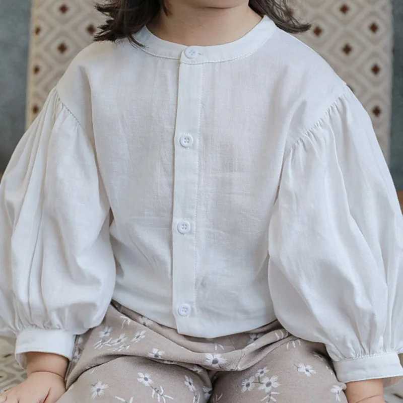 Girls shirt lantern sleeves casual breathable top 2024 spring/summer new childrens clothing baby clothing cardiganW240729