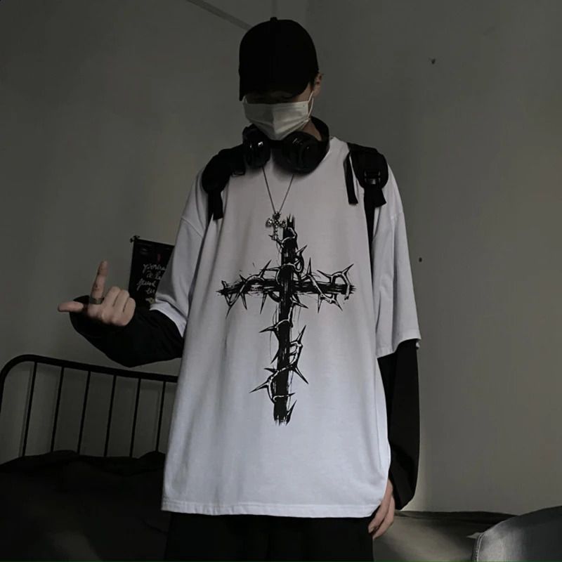 Y2k T-Shirt Mens Casual Printed Cross Long Sleeve T-Shirt Fashion Anime Harajuku Streetwear Hip Hop Versatile Loose Tee Tops 240812