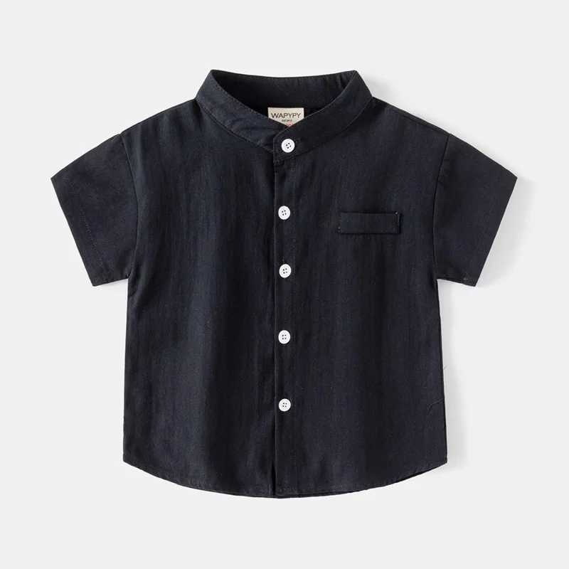 Childrens short sleeved shirt 2024 summer boys V-neck cotton shirt baby casual loose top 2-7-year-old childrens solid color T-shirtW240729