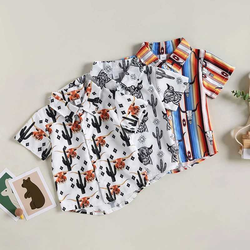 FOCUSNORM 0-4Y Summer Preschool and Childrens Shirt Denim Head Printed Short Sleeve Collar Single Chest Casual TopW240729