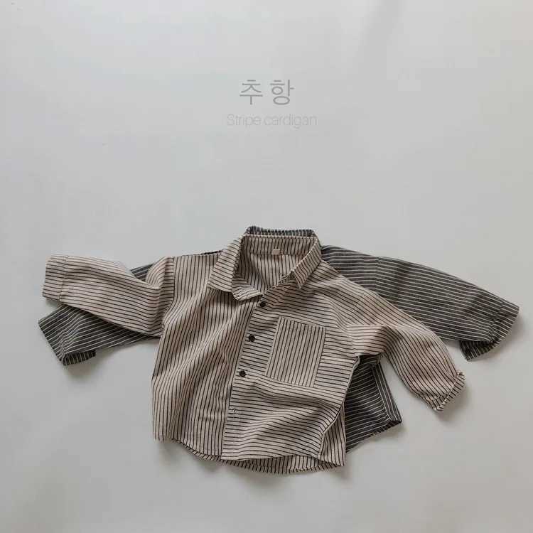 Autumn new childrens long sleeved lapel shirt baby boy linen cotton casual top fashionable girl striped loose jacket childrens clothingW240729