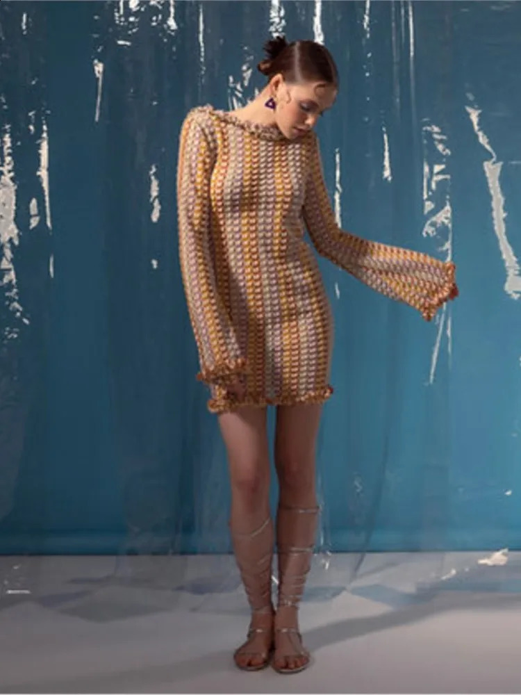 Backless Short Vestido Autumn Party Club Holiday Dresses Womens Fashion Flare Sleeve Mini Knit Dress Elegant Contrast Sexy 240729