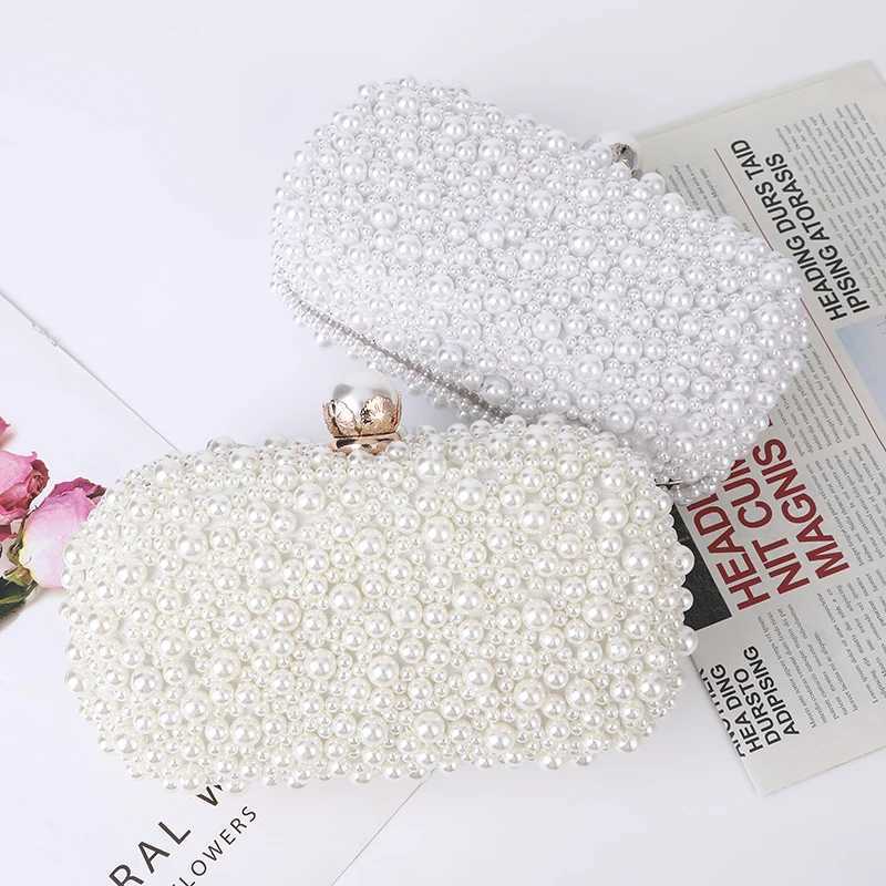 Fashion Elegant Women White Beige Luxury Special Crystals Beaded Pearl Evening Clutch Bags Wedding Party Handbag BeadedXJ240729