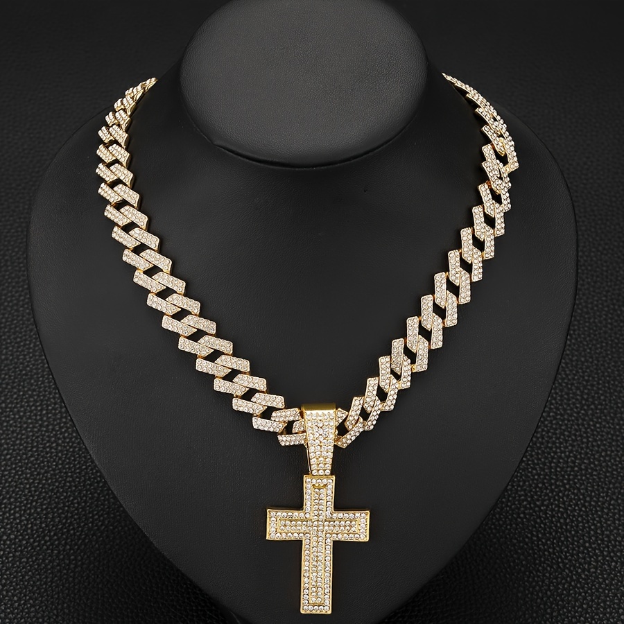 Minimally understated filled gold necklace with full cross and wide clasp dia Cuban chain