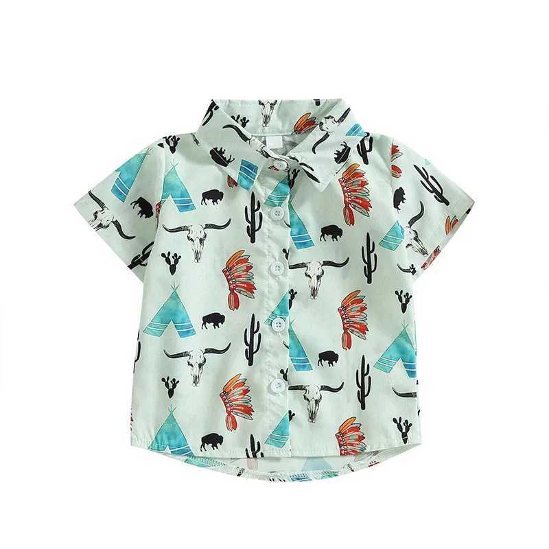 Childrens boys shirt Western style denim head print lapel fashion short sleeved summer casual fashion topW240729