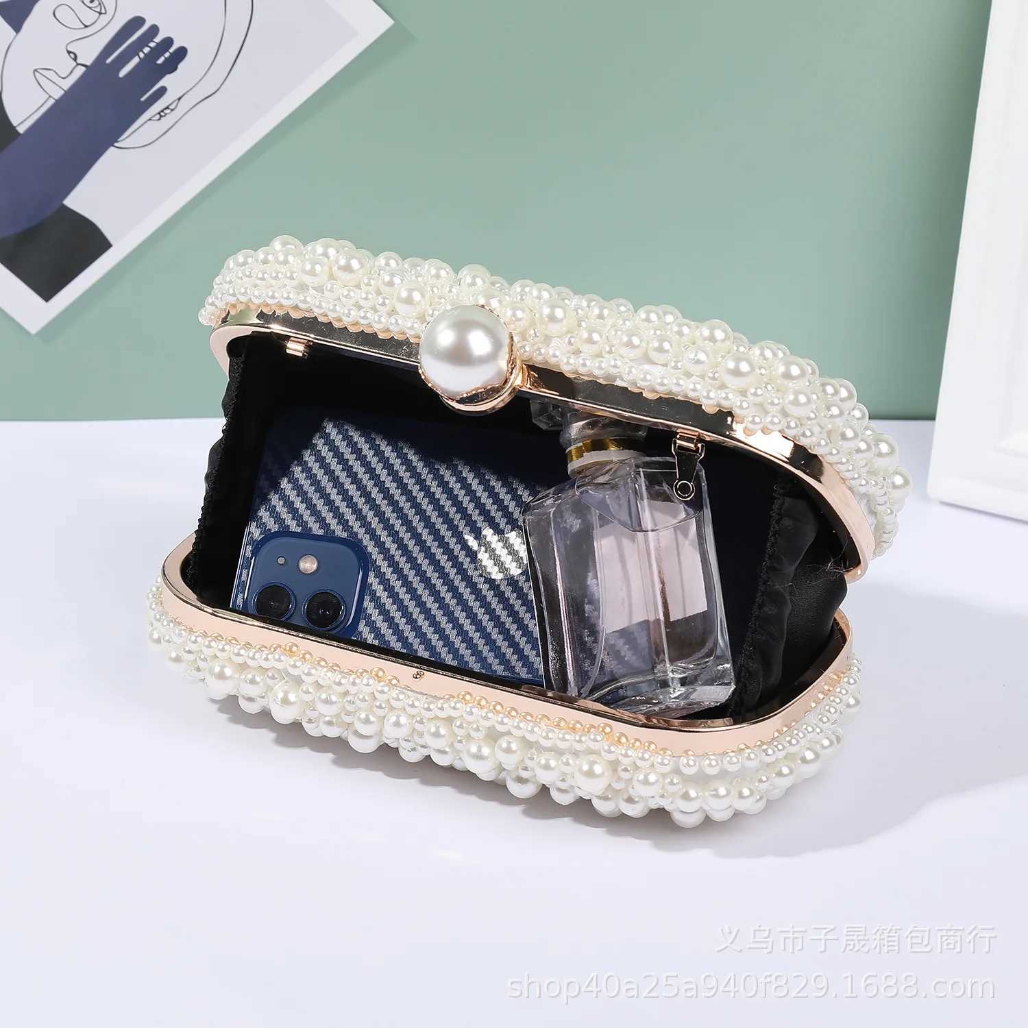 Fashion Elegant Women White Beige Luxury Special Crystals Beaded Pearl Evening Clutch Bags Wedding Party Handbag BeadedXJ240729