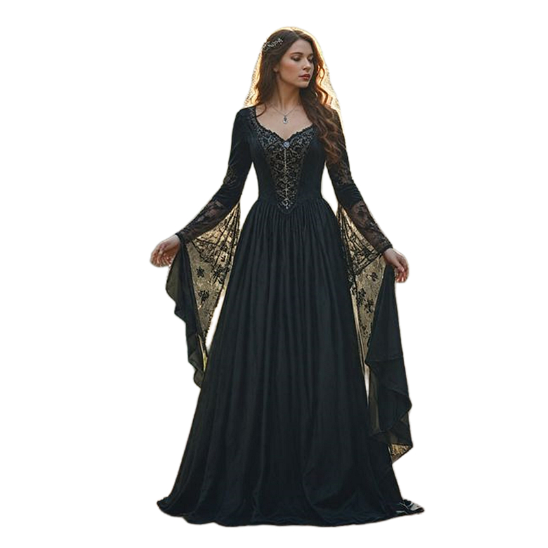 Lace-Up Corset Medieval Black Wedding Dresses Gothic Bridal Gowns Long Sleeve Renaissance Wedding Gown For Women