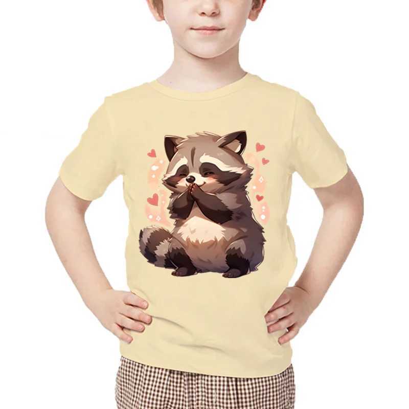 T-shirts Raccoon Print T-shirt Kids Casual Cartoon Style Round Neck Tee Shirt Raccoon Heart Pattern Summer Short Sleeve Boy Girl TshirtL24729